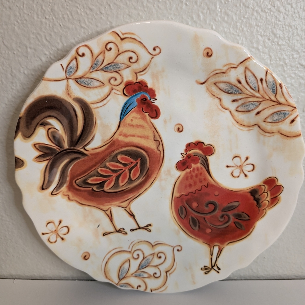 Pier 1 Brown and Cream Ceramic Art Rooster/Hen Plate